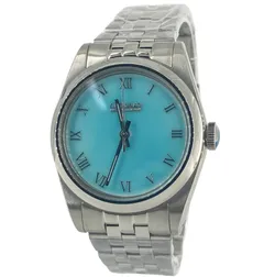 Cincinnati Watch Company Grand Feu Enamel Dial, robin's egg blue, three-quarter view