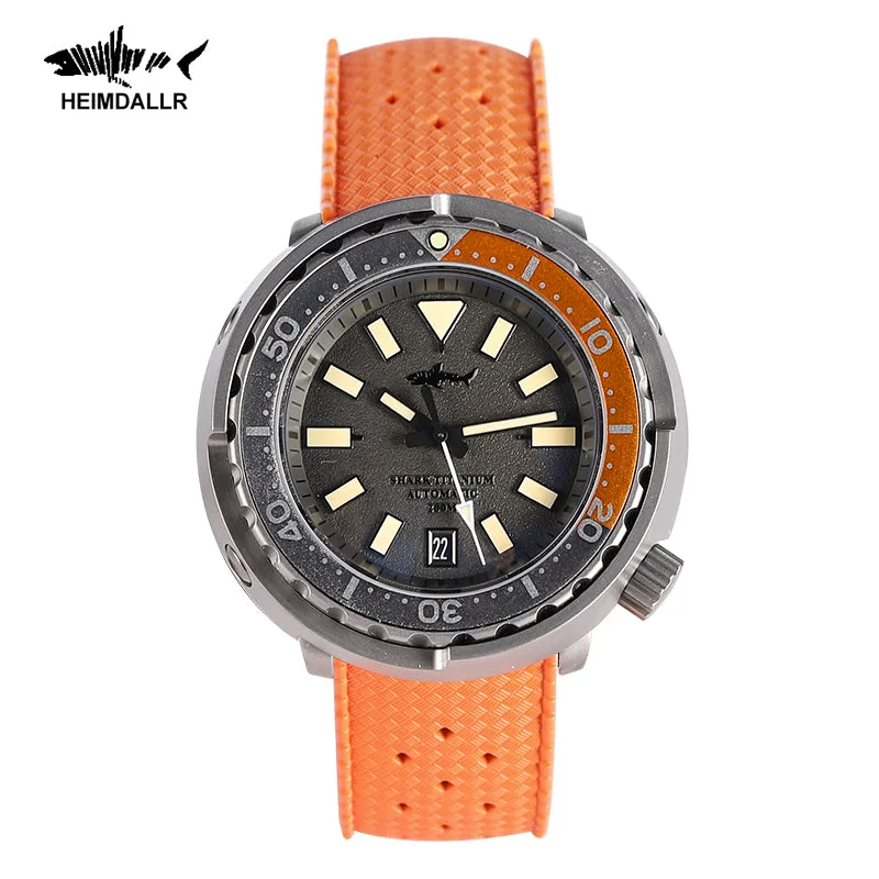Heimdallr Titanium Tuna Can with grey dial and orange bezel on orange rubber strap