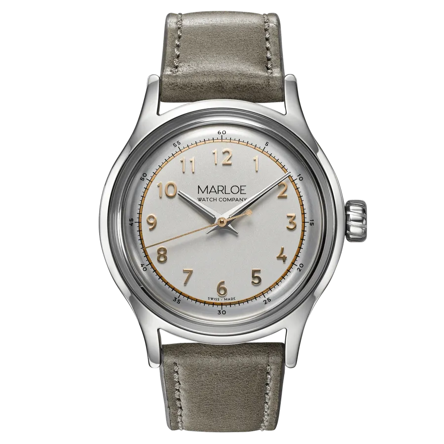 Marloe Pacific 52, grey pillow dial with copper Arabic numerals and central seconds, on grey leather strap