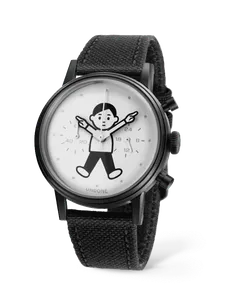 Undone Urban Noritake Pointing Boy 2.0 chronograph with black-coated case and white dial with the Pointing Boy on a black Cordura strap