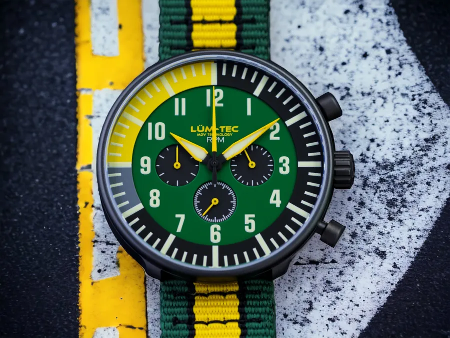Lüm-Tec RPM 3 chronograph with green and yellow racing dial