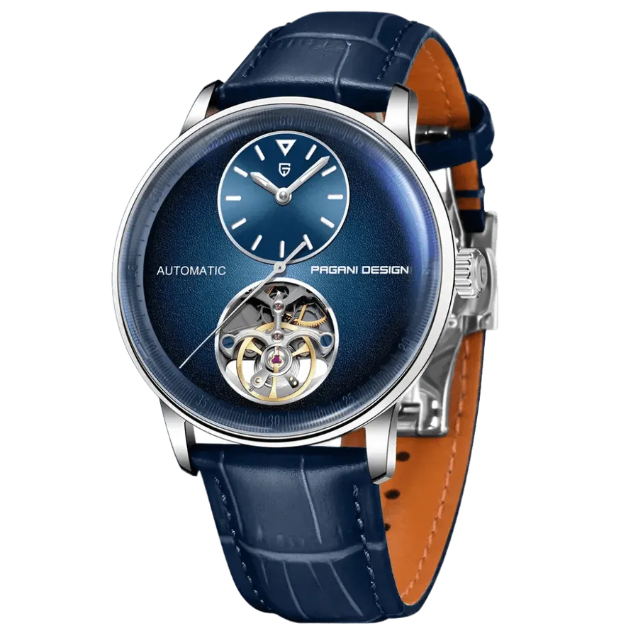 Pagani Design PD-1796 with blue dial, off-centre hour subdial and open balance aperture at 6, on blue leather strap