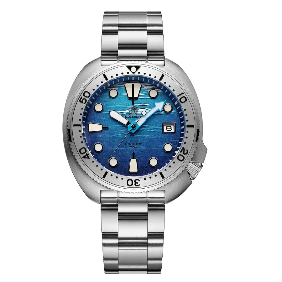 Addiesdive AD2045 Turtle-style diver with textured blue dial and steel-coloured dive bezel on a three-link bracelet