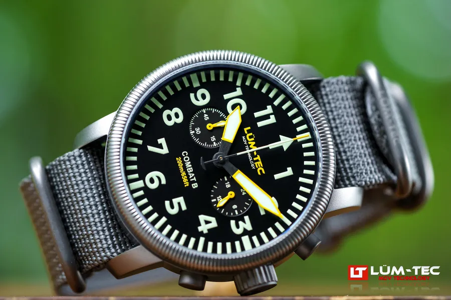 Lüm-Tec Combat B64 chronograph, black pilot dial, on a grey nylon strap