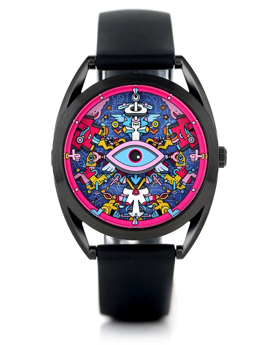 Mr Jones Khaosify, crowded cartoon-character dial around a central eye with a pink ring, black PVD case on black silicone, front view