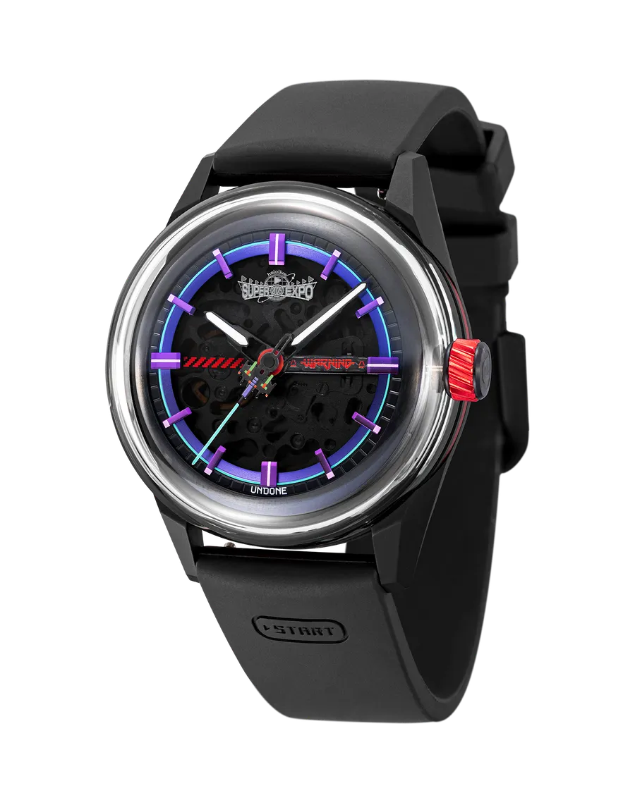 Undone GAMEON Ultimate Shooter with black case, open-worked black dial, purple indices and red crown on a black strap