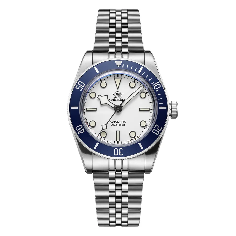 Addiesdive AD2043 with white dial and blue aluminium bezel on a jubilee-style bracelet