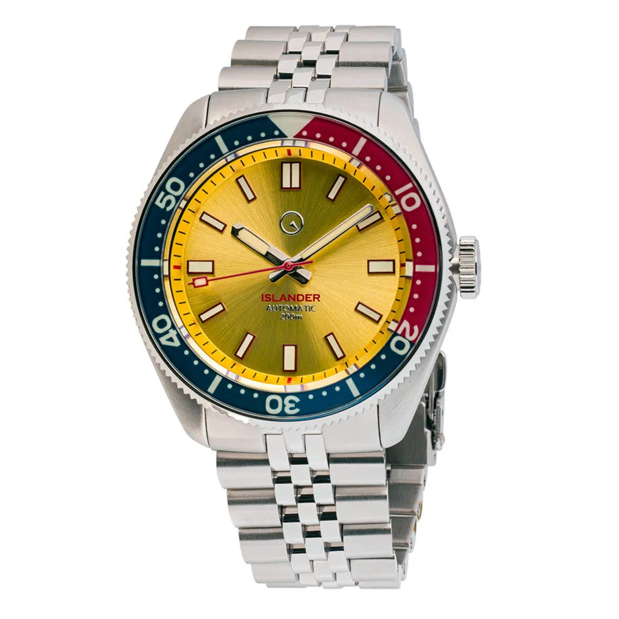 Islander ISL-149 dive watch with sunburst gold dial and blue and red bezel on jubilee-style bracelet