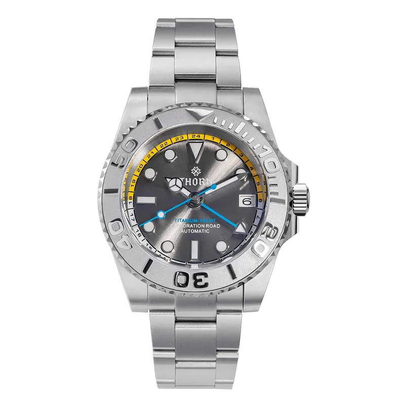 Thorn SHY037 titanium GMT diver with grey dial, yellow and white 24-hour ring, blue GMT hand and titanium bracelet