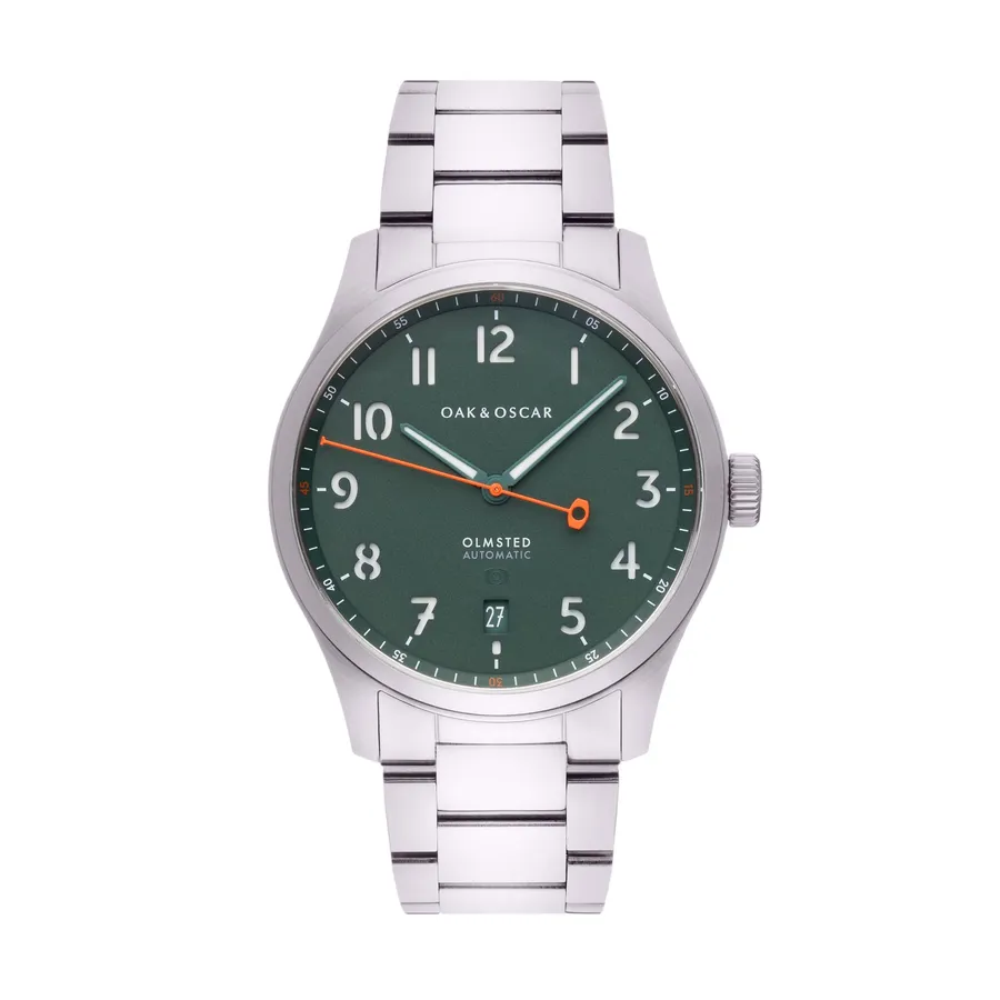 Oak & Oscar Olmsted 38, green sandwich dial with date at 6, on steel bracelet