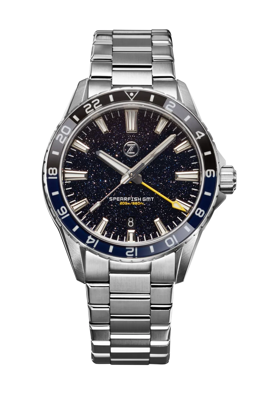 Zelos Spearfish GMT Aventurine, aventurine dial with yellow GMT hand and black and blue 24-hour bezel, on steel bracelet