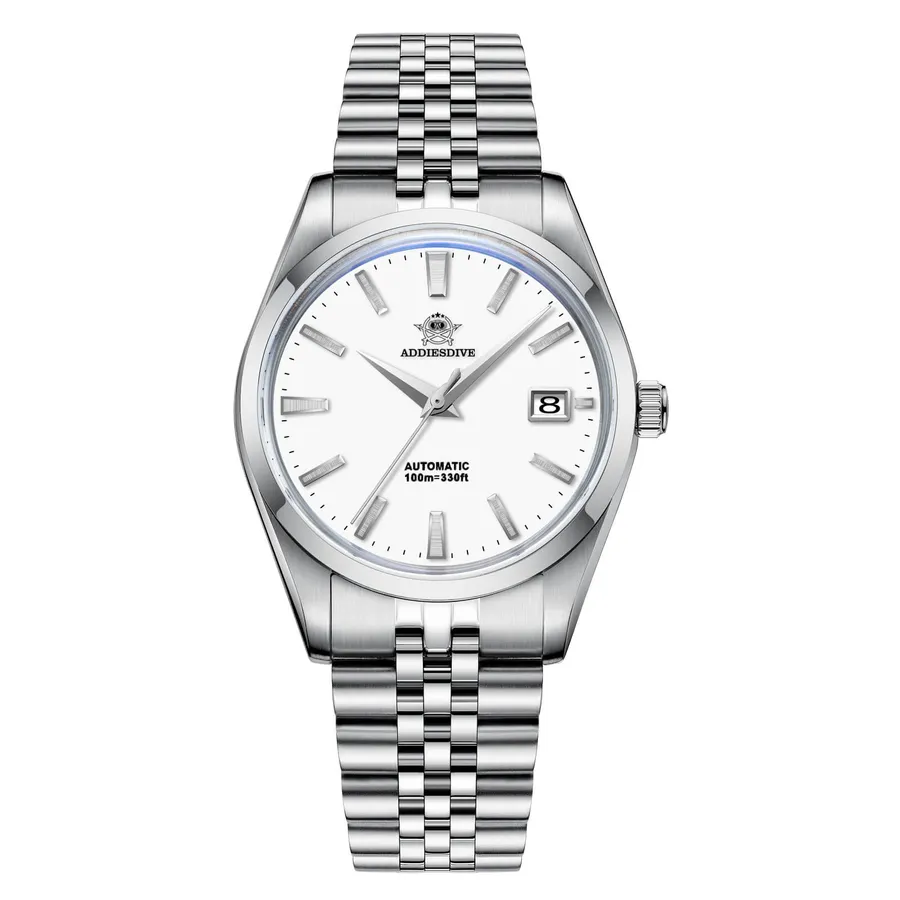 Addiesdive AD2029 with sunburst white dial and smooth bezel on a five-link jubilee-style bracelet