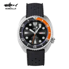 Heimdallr Titanium Mini Turtle with black dial and black and orange bezel on black rubber strap