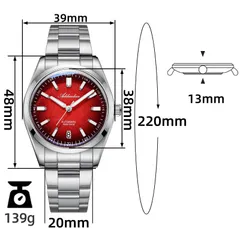 Addiesdive AD2531 dimension graphic (39mm, 38mm bezel, 48mm lug-to-lug, 13mm, 20mm, 220mm, 139g)