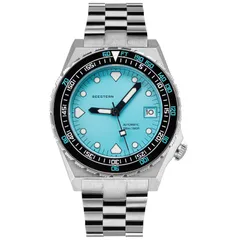 Seestern S407-600T.TC with light blue dial and black ceramic bezel on steel bracelet