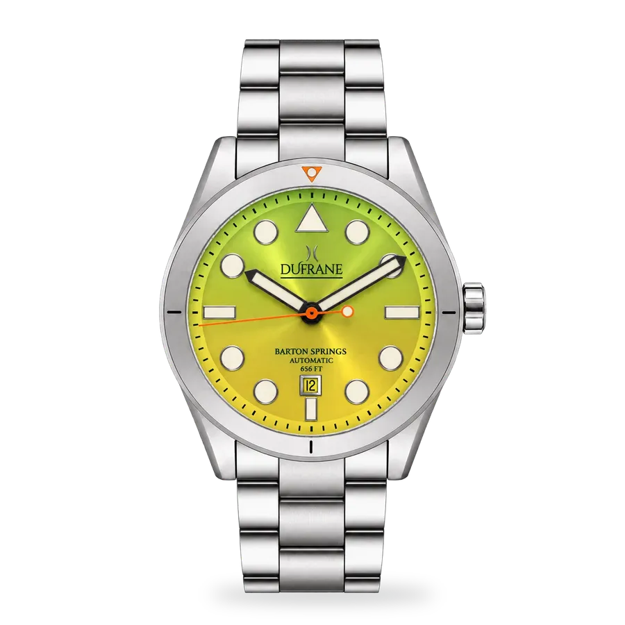DuFrane Barton Springs MkIV Date, Margarita lime dial with date at 6, on 3-link bracelet