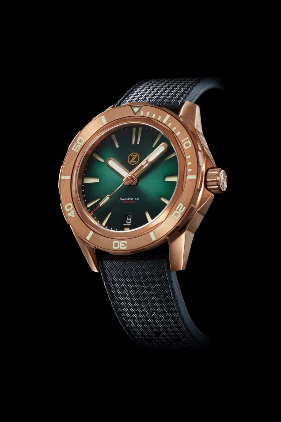 Zelos Swordfish 40mm Bronze Emerald Green, green fumé dial and bronze bezel, on tropic rubber strap