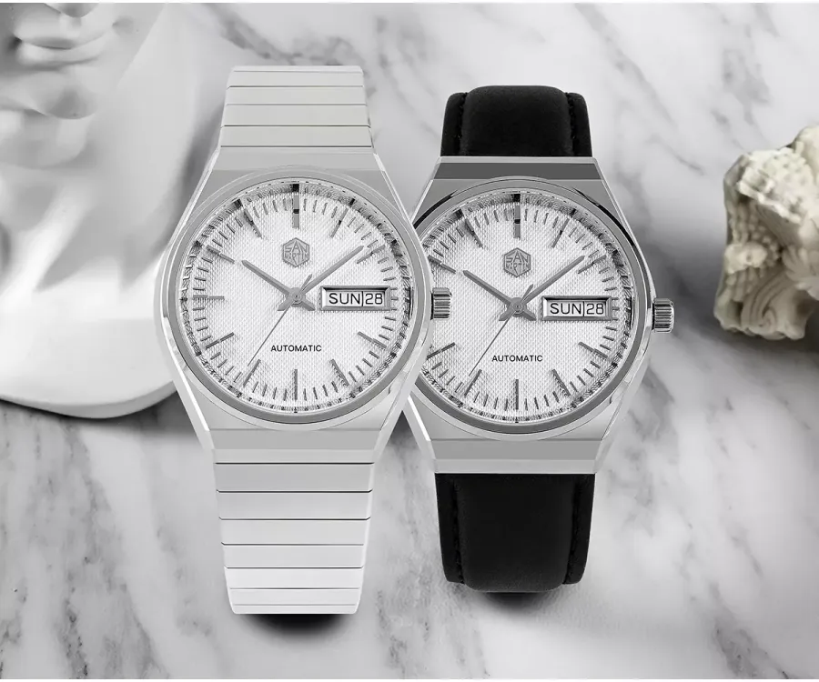 San Martin SN0102-G 37mm day-date with white grid dial on steel bracelet and on black leather strap
