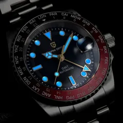 Pagani Design PD-1758 GMT in the dark, with lume on the hands and hour markers