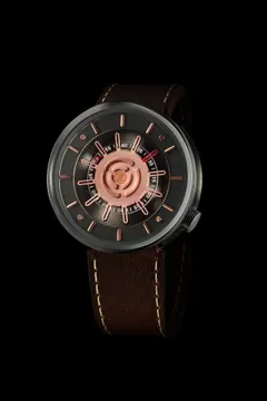 Zelos Cosmos Rose Gold, dark PVD case, black dial with rose-gold discs and markers, on brown leather strap
