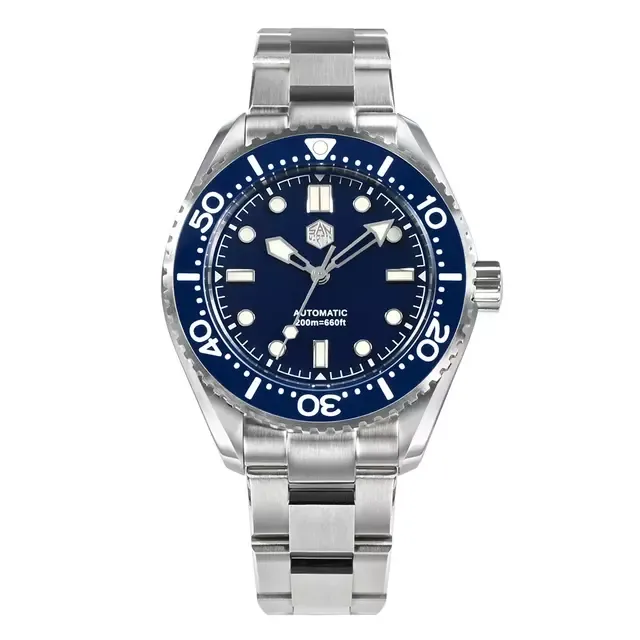 San Martin SN036-G 41.5mm diver with blue enamel dial and blue bezel on steel bracelet