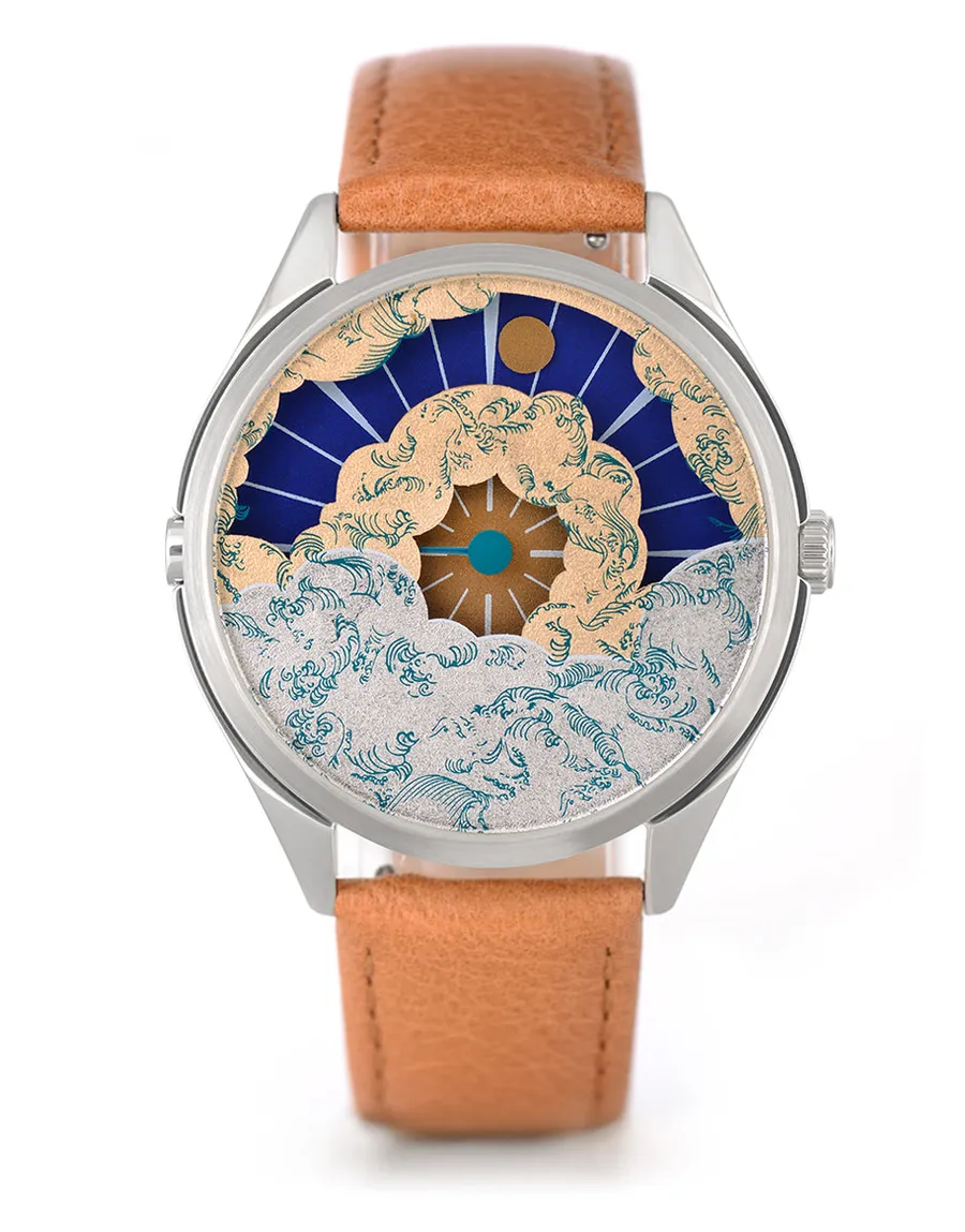 Mr Jones Nuage, gilded clouds under a blue crescent sky with a sun marker and central minute hand, steel case on brown leather, front view