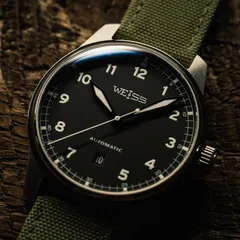 Weiss Automatic Standard Issue Field 42mm, black dial, on olive canvas strap