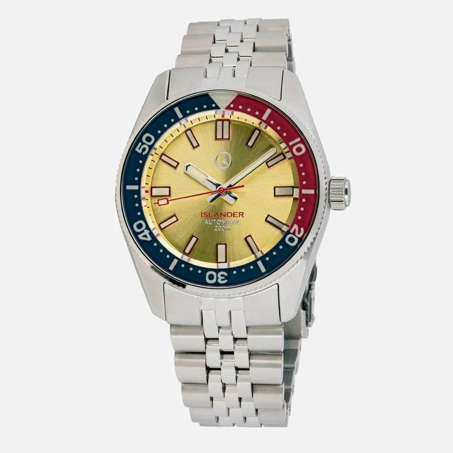 Islander 38mm Automatic Dive Watch ISL-127 with sunburst gold dial, maroon accents and blue and red bezel on jubilee-style bracelet