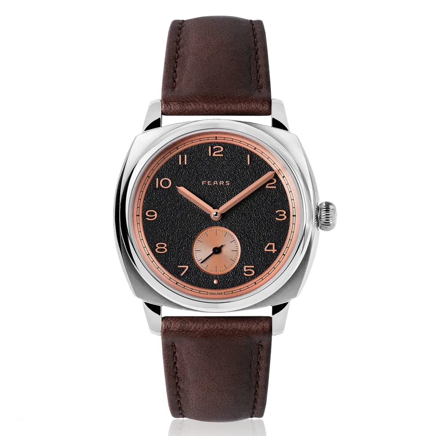 Fears Brunswick 38 Charcoal Rose with textured black dial and rose-gold numerals on a brown Cordovan strap
