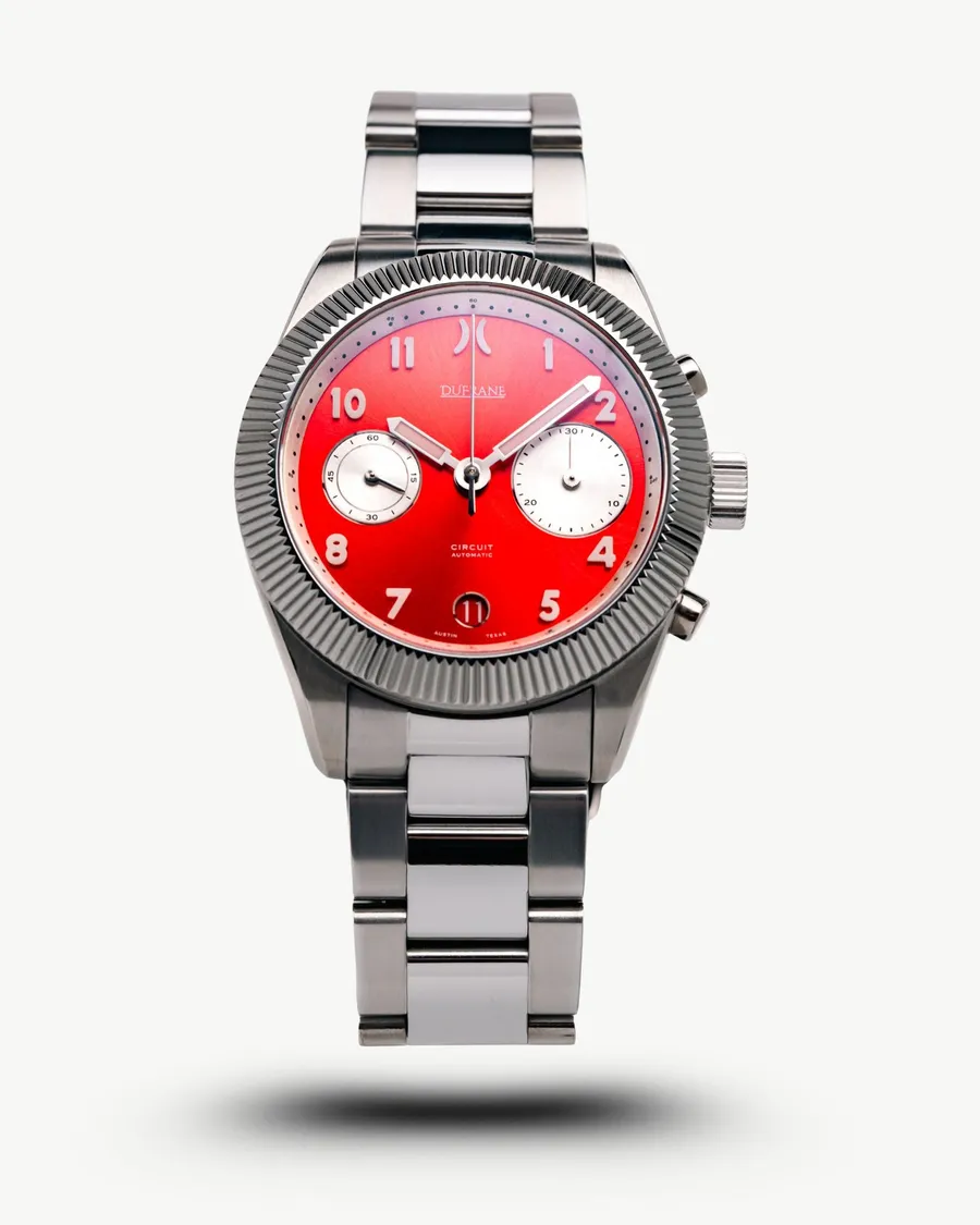 DuFrane Circuit Chronograph, Big Red dial with silver registers, on titanium bracelet