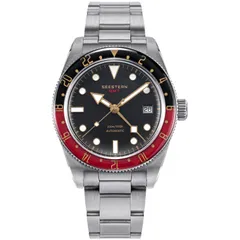 Seestern S478.K GMT with black dial, gold-tone hands and black and red 24-hour bezel on steel bracelet