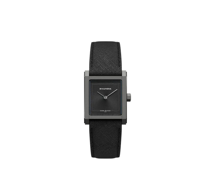 echo/neutra Rivanera Piccolo with black guilloché dial on black Saffiano leather strap