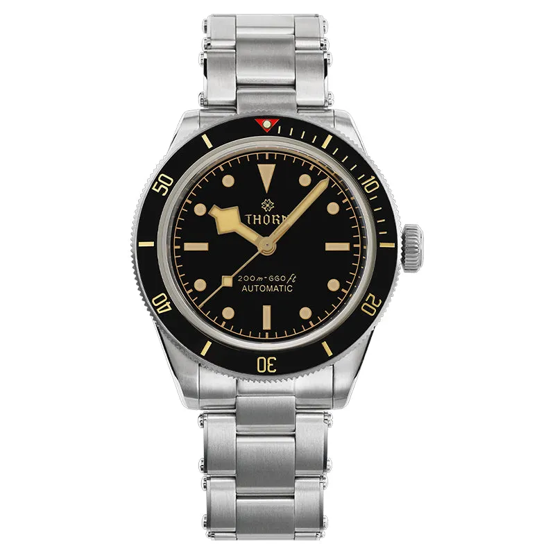 Thorn SHY028 BB58-style diver with gilt black dial, snowflake hands and black bezel on the riveted steel bracelet