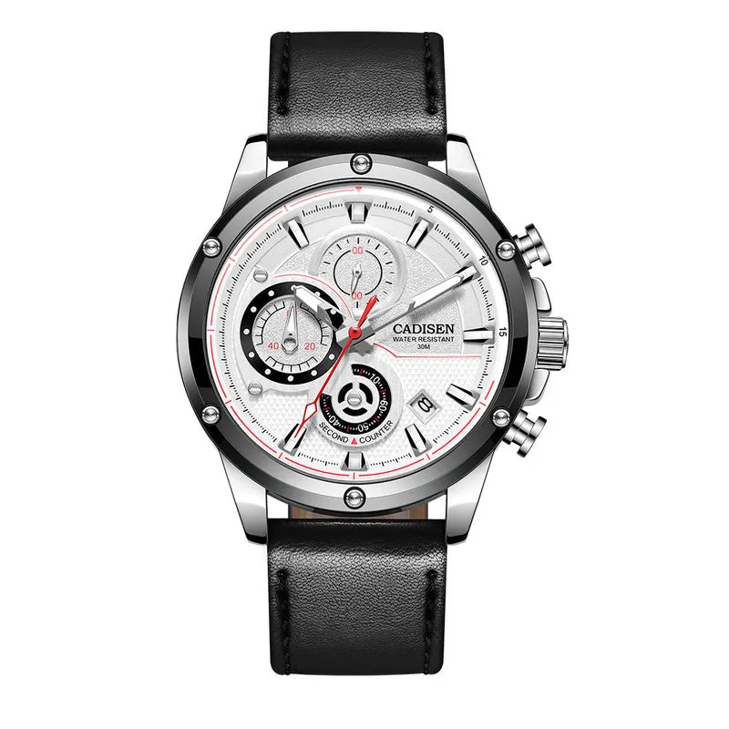 Cadisen C9063 quartz chronograph with white dial, red accents, three subdials and date at 4:30 in a silver-tone case on a black leather strap