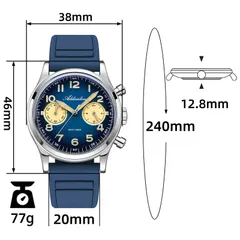 Addiesdive AD2516 dimension graphic (38mm, 46mm lug-to-lug, 12.8mm, 20mm, 240mm, 77g)