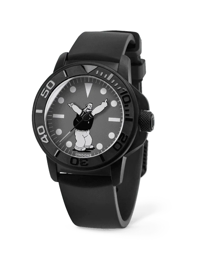 Undone Aqua Brutus Mono with black-coated steel case and grey Brutus dial on a black rubber strap