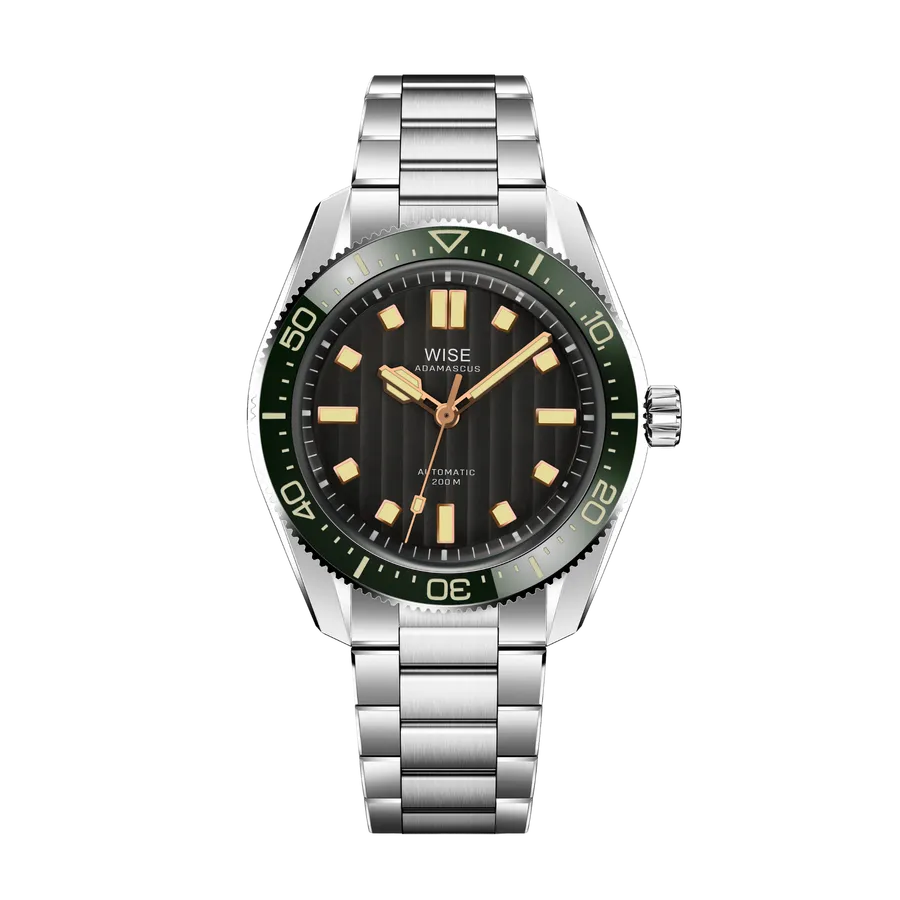Wise Adamascus AD8240-S in 904L steel, grey Geneva stripes dial without date, dark green ceramic bezel, on 904L bracelet