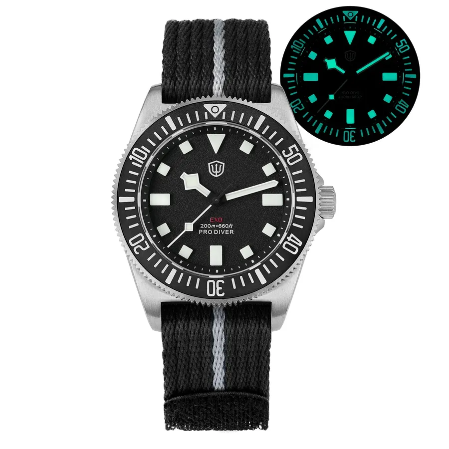 Watchdives EXD-40 natural titanium case with black dial and lumed black ceramic bezel on a striped strap