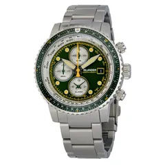 Islander Calverton flight chronograph with green dial and yellow accents on steel bracelet