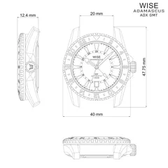 Wise Adamascus ADX GMT case drawing (40mm case, 47.75mm lug to lug, 20mm lugs, 12.4mm height)