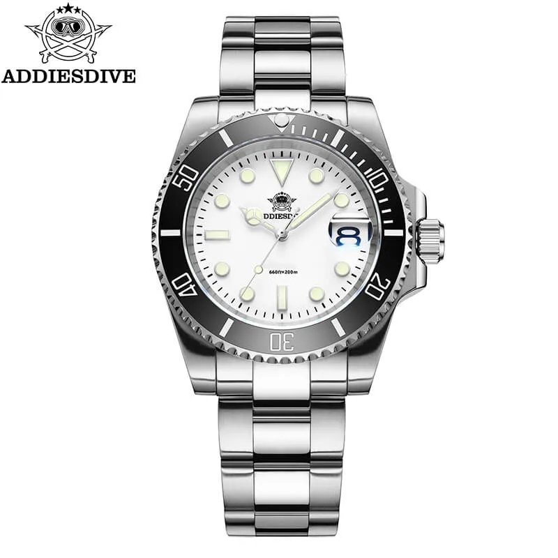 Addiesdive H3D-QZ with white dial and black ceramic bezel on a three-link steel bracelet
