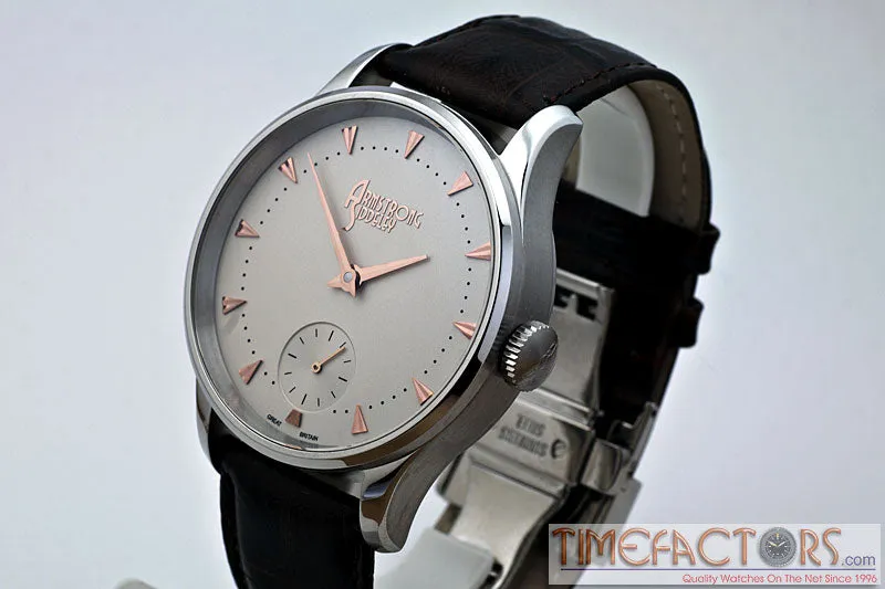 Timefactors Armstrong Siddeley PRS-41, cream sterling silver dial with rose-gold Dauphine hands and small seconds at 6, on black leather strap