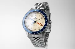 Timefactors Smiths Traveller PRS-58, vintage white dial with heat-blued hands and blue 24-hour ceramic bezel, on jubilee bracelet