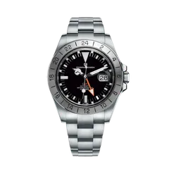 Pagani Design PD-1693 GMT with black dial, white indices and orange GMT hand on steel bracelet