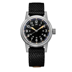 Addiesdive AD2088 dial, black with white numerals and orange triangles, on a black fabric strap