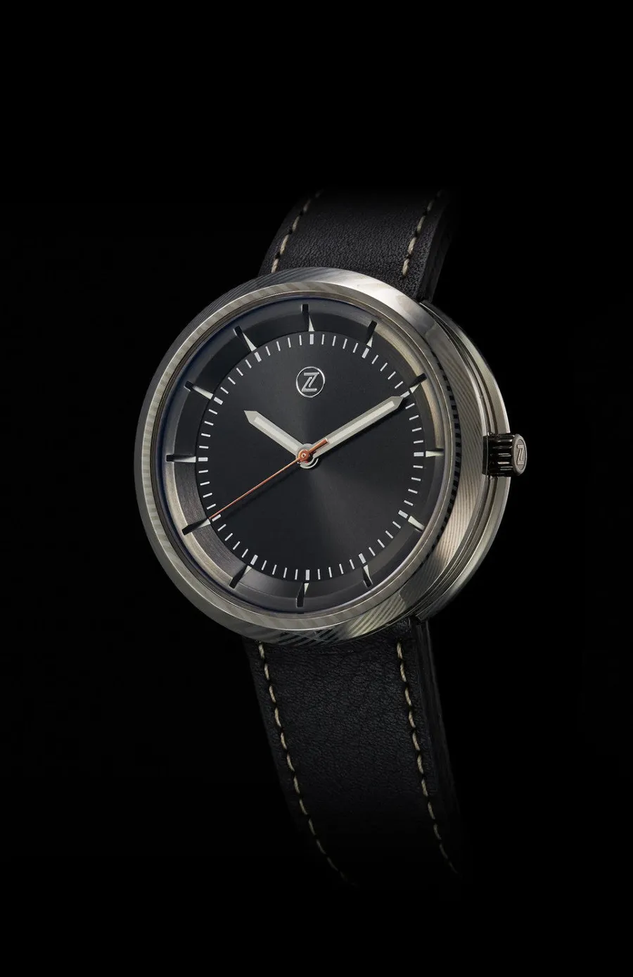 Zelos Chroma 2 Damascus, patterned Damascus steel lugless case, black dial, on black leather strap