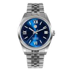 San Martin SN050-G 38.5mm with sunray blue dial, Roman numerals and five-link bracelet