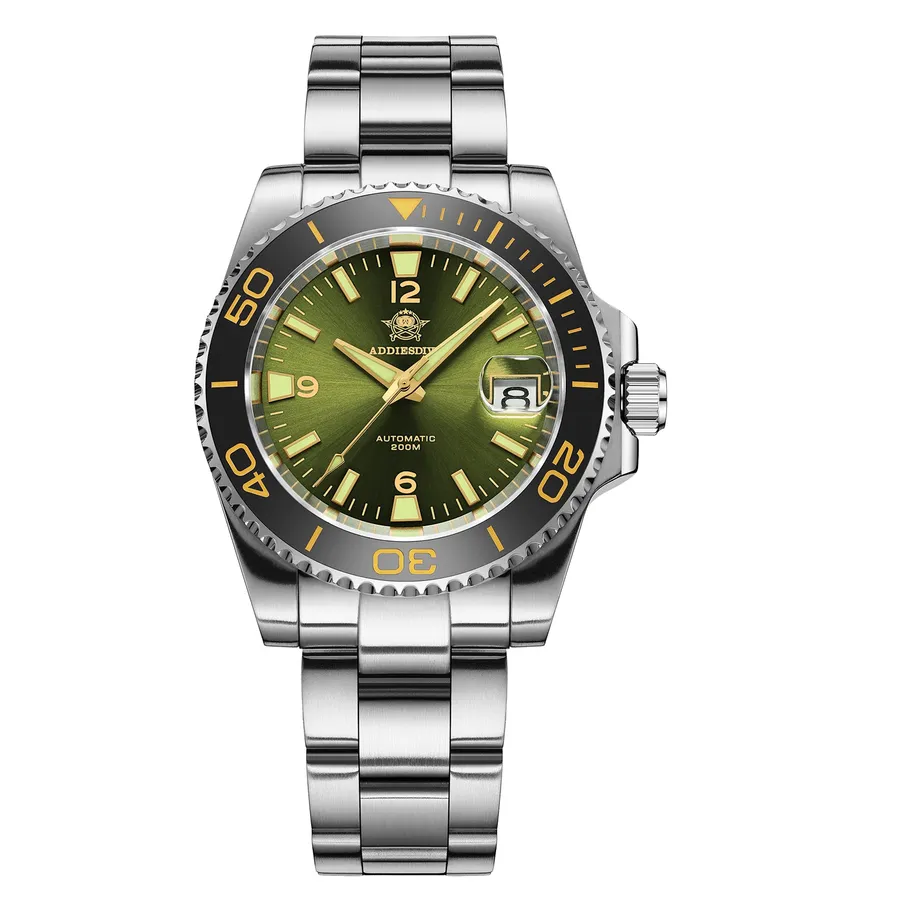 Addiesdive AD2085 with green dial and black ceramic bezel with gold-tone numerals on a three-link bracelet