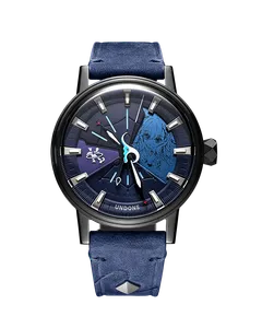 Undone hololive 6th fes. Color Rise Harmony Kobo Kanaeru watch with black-coated case and dark blue dial with her silhouette in light blue on a navy leather strap