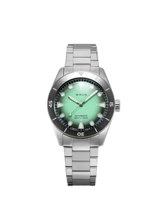 Wren Diver 38 Seafoam, mint-to-gray fumé dial and gray bezel, on bracelet